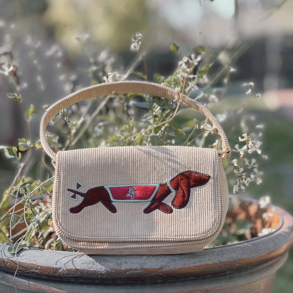 VINTAGE RARE lulu Guinness HANDBAG TAN CORDUROY DACHSHUND PRINT